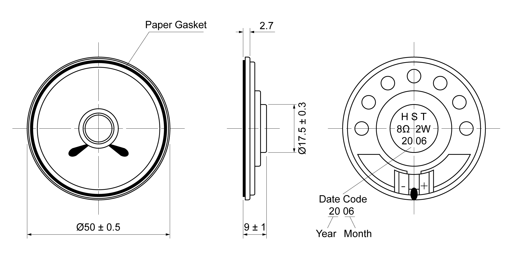 OST50R-9P2.0W8X Mechanical Drawing